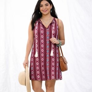 New! PINK ROSE Size Medium Split Collar Tribal Print Tasseled Summer Shift Dress